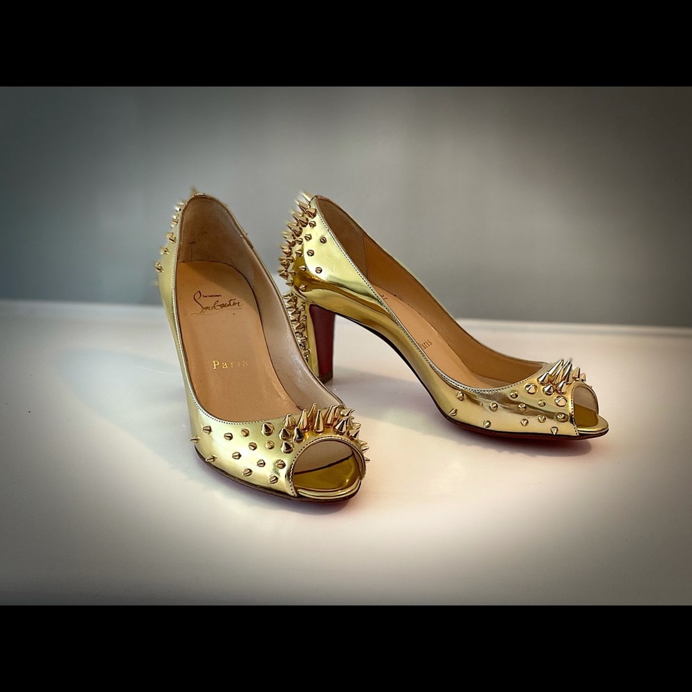 Christian Louboutin Gold Spiked Open Toe Pump